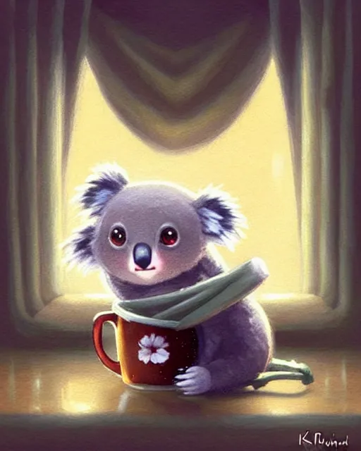 Prompt: a koala wrapped up in a blanket, with a cup of hot chocolate, cute, big eyes, dark evening, rain on the window pane, digital painting by krenz cushart, ilya kuvshinov, victo ngai, thomas kinkade. cute cozy room, highly detailed, award winning, artstation