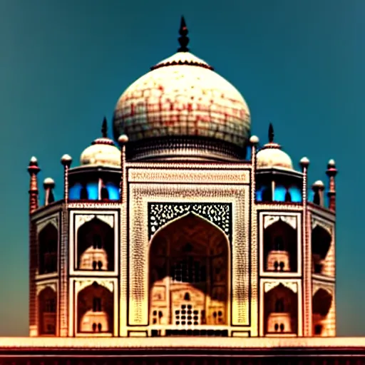 Image similar to taj mahal made of rainbow coloured marble, ultra photorealistic, octane render, vray render, raytraced, 4 k, highly detailed, hyperrealistic, depth of field, cinematic