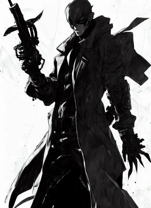 Image similar to Half body portrait of a menacing demon hunter in long trench coat with black fog oozing. In style of Yoji Shinkawa and Hyung-tae Kim, trending on ArtStation, dark fantasy, great composition, concept art, highly detailed, dynamic pose.