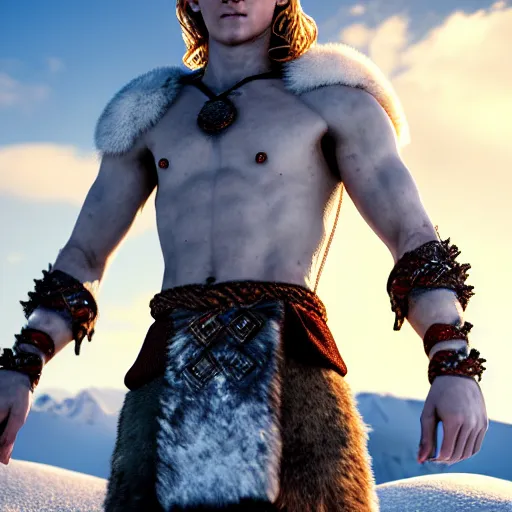 Image similar to photography of a hyper realistic crystal clear ice statue of tom holland as a viking warrior god. stuning, intricate, complexe. snowy mountains dream landscape. professional digital art, unreal engine 5