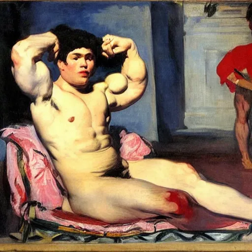 Prompt: Olympia by Édouard Manet, but as a muscular man