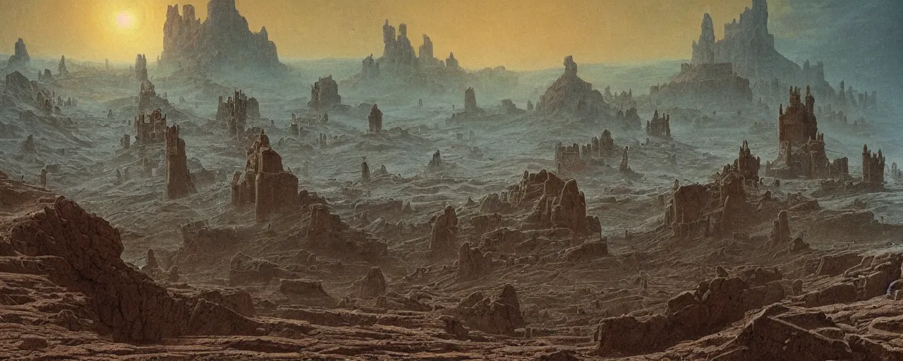 Prompt: ancient cities, castles, fortresses built by demigods aeons ago buried under time and sand on barren desert exoplanet illuminated by enormous red giant by James Gurney, by Caspar David Friedrich, by Zdiszslaw Beksinski and Alex Gray, hyperdetailed illustration with vivid palette