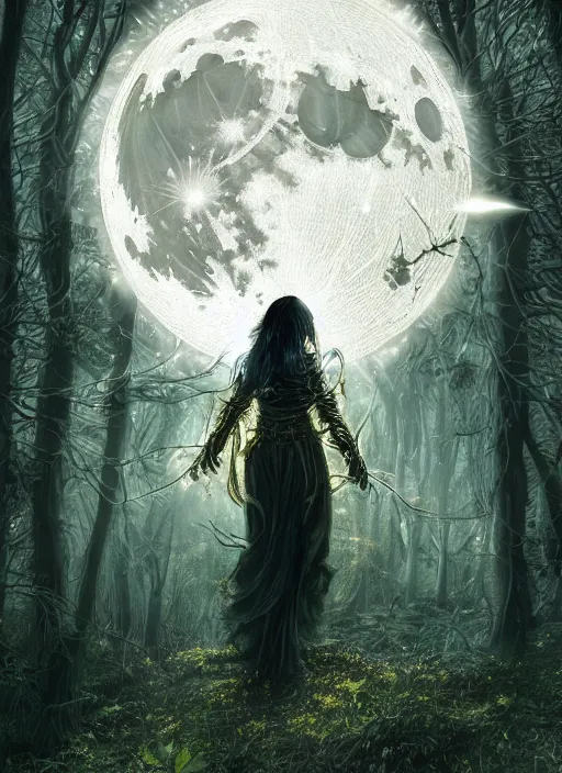 Image similar to glowing silver and golden elements, portrait, A beautiful dark witch in front of the full big moon, book cover, green forest, red white black colors, establishing shot, extremly high detail, foto realistic, cinematic lighting, pen and ink, intricate line drawings, by Yoshitaka Amano, Ruan Jia, Kentaro Miura, Artgerm, post processed, concept art, artstation, matte painting, style by eddie, raphael lacoste, alex ross