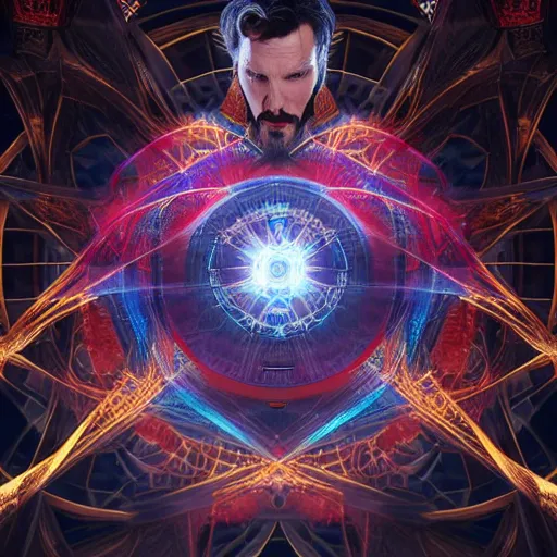 Image similar to full body pose, hyperrealistic photograph of doctor strange, dim volumetric lighting, 8 k, octane beautifully detailed render, extremely hyper detailed, intricate, epic composition, cinematic lighting, masterpiece, trending on artstation, very very detailed, stunning, hdr, smooth, sharp focus, high resolution, award, winning photo, dslr, 5 0 mm