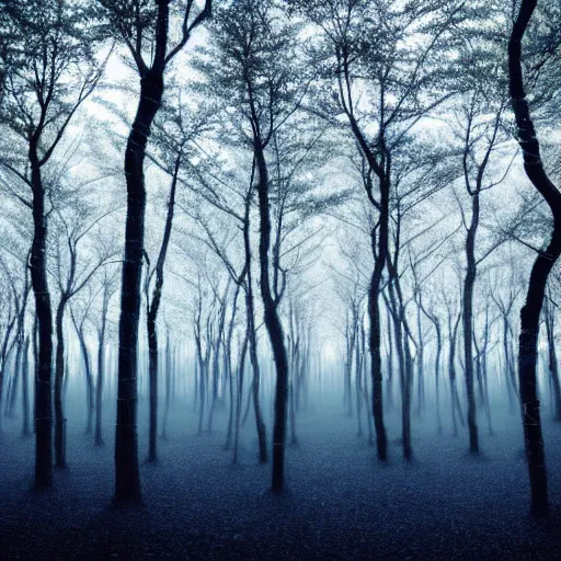 Image similar to An indigo forest in Japan, dark, midnight, seven ghostly white trees