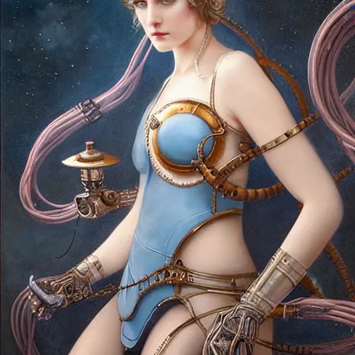 Prompt: by tom bagshaw, breathtaking almond blue eyes, ultra realist vivid soft painting of a carnival of curiosities, single curvy flirt etheral young steampunk female in a full ornated armor gears, cables, led, flying machinery, partial symmetry accurate features, very intricate details, focus, award winning, ultra dense fog