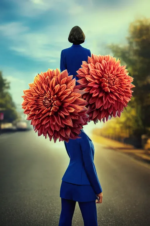 Image similar to closeup giant dahlia flower head, girl in a suit on a street, surreal photography, blue sky, sunrise, dramatic light, impressionist painting, digital painting, artstation, simon stalenhag