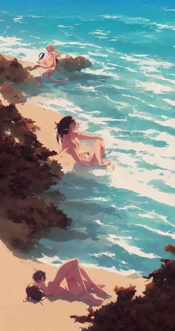 Image similar to Sunbathing at the beach, lots of ocean, uncluttered, tropical, bright, simple, by Studio Ghibli and Greg Rutkowski, artstation