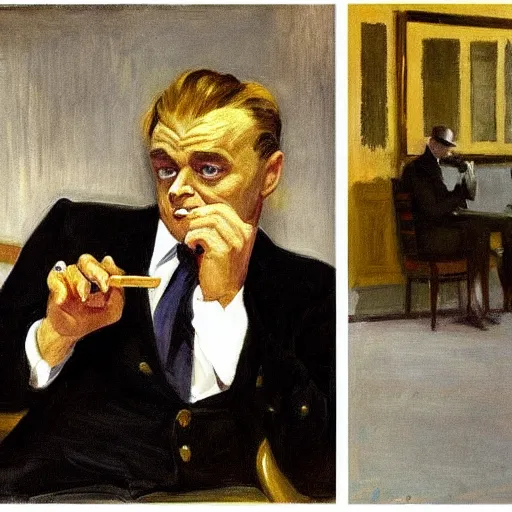 Image similar to A portrait of James Cagney smoking a cigar in a busy hotel lobby, painting by Edward Hopper and John Singer Sargent