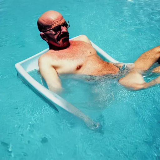 Prompt: photo of walter white relaxing in pool floater, cinestill, 8 0 0 t, 3 5 mm, full - hd