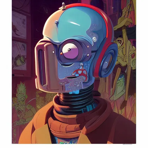 Image similar to akah 0 c 0 k futurama cyberpunk medium shot by gaston bussierre and charles vess and james jean and erik jones and rhads, inspired by rick and morty, epic, funny, huge scale, beautiful fine face features, intricate high details, sharp, ultradetailed