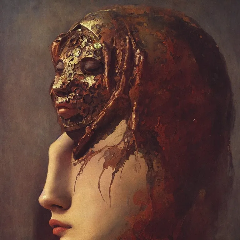 Image similar to The waist-high portrait of beautiful woman with closed eyes in steel full-face occult mask by Ilya Repin, William Blake, Michelangelo da Caravaggio and Beksinski, highly detailed oil painting, trending by artstation, fantasy character, 4k, masterpiece