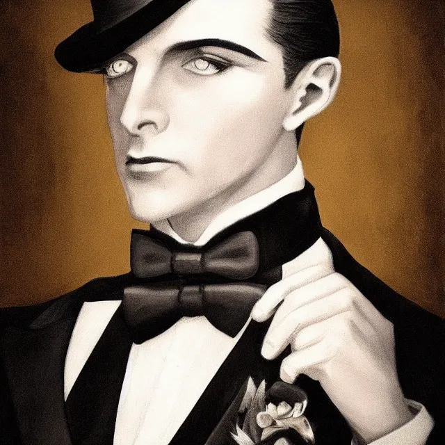 Image similar to ultrarealistic sepia portrait of a 1 9 2 0 s era male magician, well dressed, slicked - back hair, long - tailed tuxedo coat, black bow tie, atmospheric lighting, dark, brooding, painted, intricate, ultra detailed, well composed, best on artstation, cgsociety, epic, stunning, gorgeous, intricate detail, much wow, masterpiece