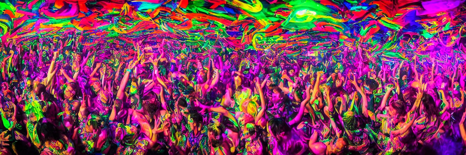 Prompt: dancing psychedelic dmt, mdma, lsd super massive rave party