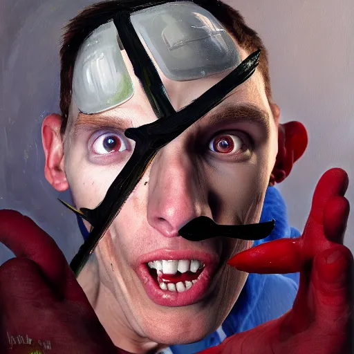 Prompt: Jerma985 descending to a new level of insanity, madness, oil on canvas, insanely detailed