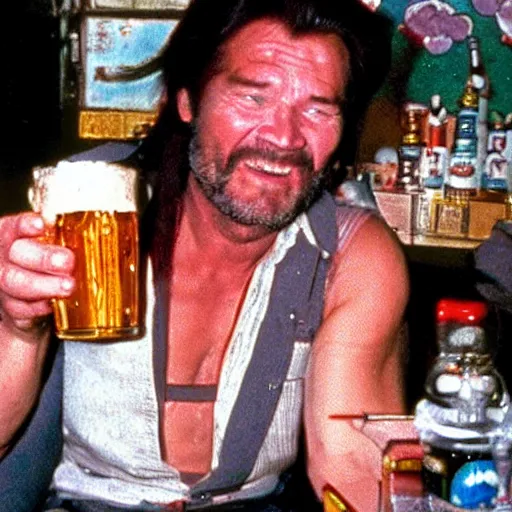 Image similar to Big trouble in little China, Jack Burton drinking beer, Chinatown bar, amazing shot, colorized, 1987