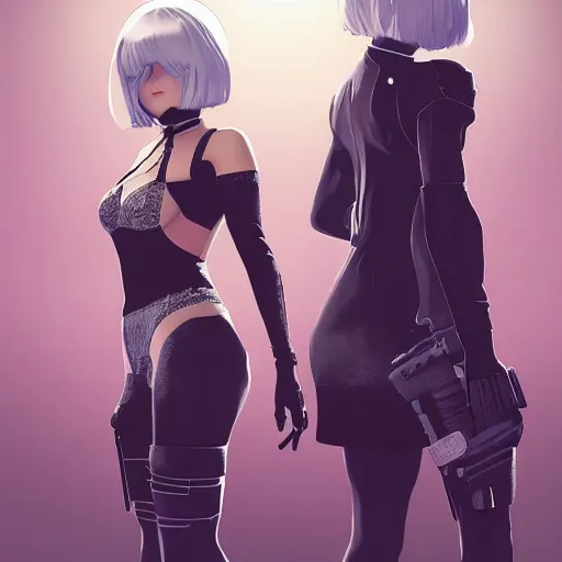 Image similar to illustration gta 5 artwork of 2 b nier automata, in the style of gta cover art, by stephen bliss, trending on artstation, pixiv, 8 k stephen bliss, unreal engine, greg rutkowski, rhads, beeple, ilya kuvshinov, rossdraws, tom bagshaw, alphonse mucha, global illumination, god rays, detailed and intricate environment