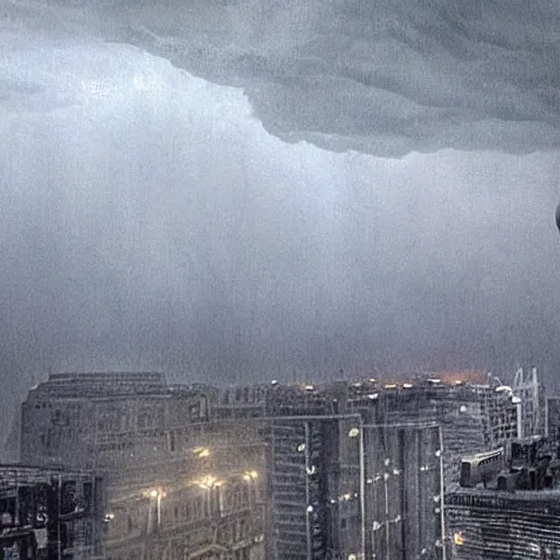 Image similar to enormous creature towering over a city during a thunderstorm, hyper realistic