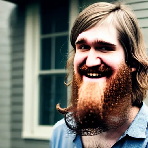 Image similar to bearded long - haired bo burnham outside of his house, smiling and dancing extremely happily, ultra - realistic, 8 k