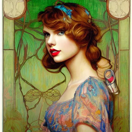 Image similar to romantic painted portrait of taylor swift by james jean, mucha, andrew loomis, masterpiece