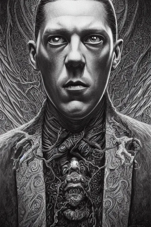 Image similar to h. p. lovecraft portrait, alex grey, patrick woodroffe, mark ryden created by gustave dore and greg rutkowski, high detailed, smooth draw, synthwave neon retro, intricate, realistic proportions, dramatic lighting, trending on artstation