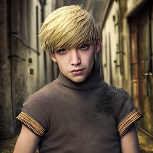 Image similar to A young blonde haired boy wearing thief clothes with daggers in an alleyway, epic fantasy, octane render, high detail, fantasy art, portrait