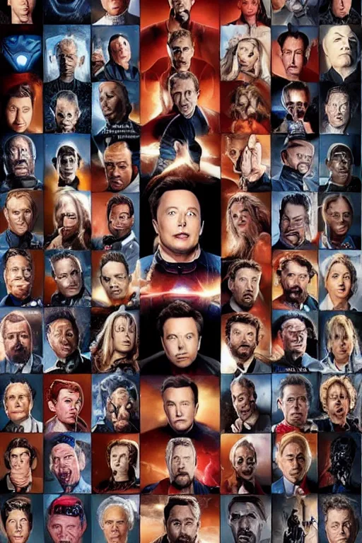 Image similar to a marvel movie poster where all of the faces are of elon musk