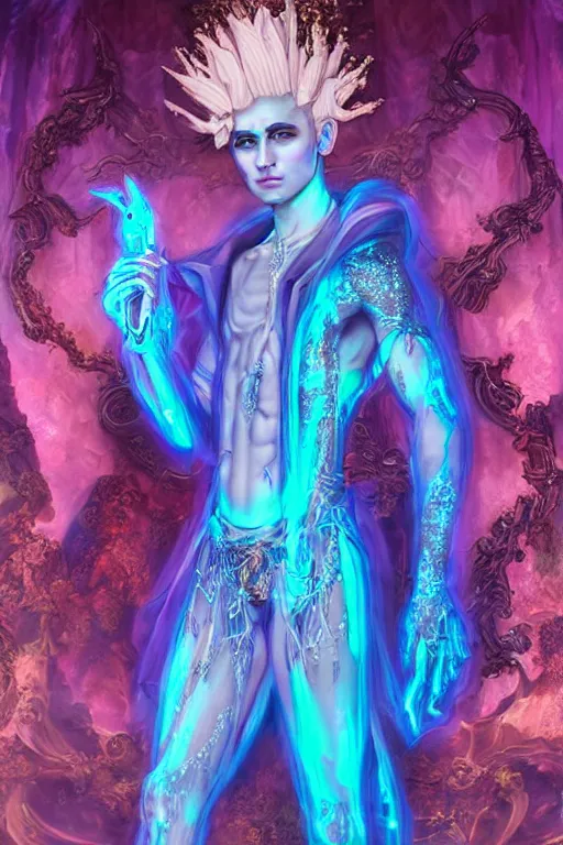 Prompt: full-body rococo and cyberpunk delicate neon crystalline sculpture of ((young muscular onyx albino prince Zayn Malik)) as an blue iridescent humanoid deity wearing ((peach plastic hooded cloak)) (holding a human skull) in a onyx castle dungeon, reclining, glowing pink face, crown of (pink lasers), large blue diamonds, swirling black silk fabric. futuristic elements. oozing glowing liquid, full-length view. space robots. intricate artwork by caravaggio. Trending on artstation, octane render, cinematic lighting from the right, hyper realism, octane render, 8k, depth of field, 3D