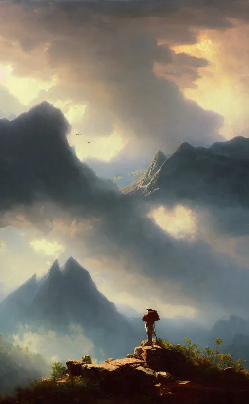 Image similar to a traveler wandering through the mountains looking at the clouds, very detailed, focused, oil painting, cinematic lighting, Albert Bierstadt, trending on Artstation