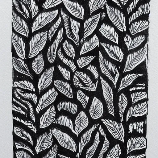 Prompt: block print, botanical art, boho, black ink on white paper