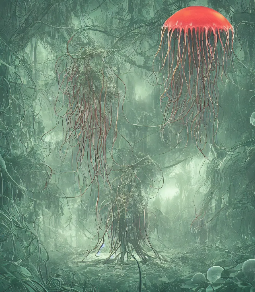 Image similar to brilliant alien jellyfish forest color scientific illustration by Ernst Haekel, Hayao Miyazaki, foggy, ambient occlusion, color illustration with orthographic views