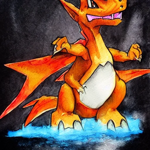 Prompt: charizard, watercolors, trending, artstation, stained paper