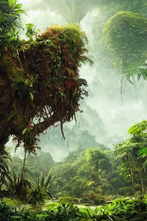 Image similar to a giant plant in the exotic jungle, landscape, alex ross, giga, david finch, concept art, matte painting, highly detailed, rule of thirds, dynamic lighting, cinematic, detailed, denoised, centerd