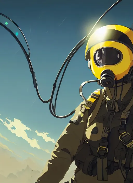 Image similar to portrait of pilot girl parachuting behind enemy lines, black sky background, chaotic landscape, illustration concept art anime key visual trending pixiv fanbox by wlop and greg rutkowski and makoto shinkai and studio ghibli and kyoto animation, kaki body suit, wires, halo, short body, yellow oxygen mask and helmet, military gear, grimdark, volumetric lighting