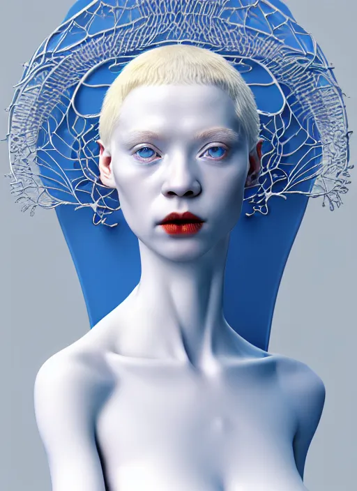 Image similar to complex 3d render ultra detailed of a beautiful porcelain profile young albino woman face, blue eyes, biomechanical cyborg, 200 mm lens, beautiful studio soft light, rim light, silver white gold red details, magnolia big leaves achromatic and stems, roots, fine foliage lace, mesh wire, Alexander Mcqueen high fashion haute couture, art nouveau fashion embroidered, intricate details, hyper realistic, ultra detailed, mandelbrot fractal, anatomical, facial muscles, cable wires, microchip, elegant, octane render, H.R. Giger style, 8k post-production, trending on Artstation