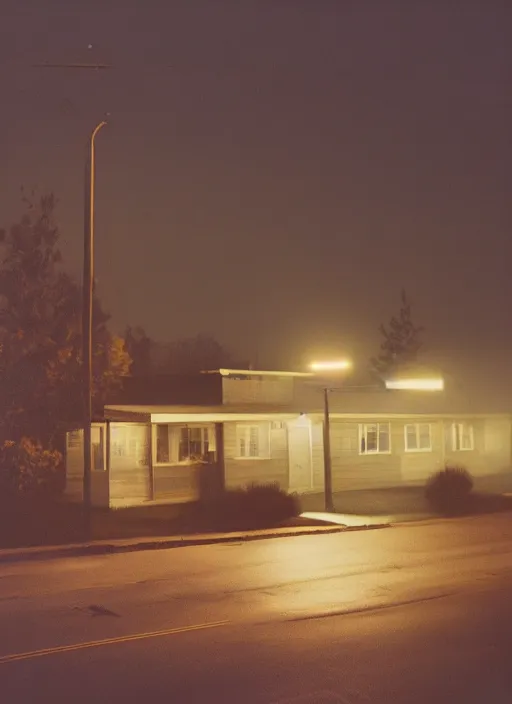 Image similar to a detailed photographic render of a 1 9 5 0 s american suburb at night by todd hido, photoreal, 4 k, mist