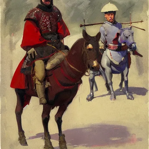 Prompt: man wearing chinmail and gambeson on horseback, holding jousting lance, horse is wearing caparisons, medieval by greg manchess, bernie fuchs, walter everett, lost edges