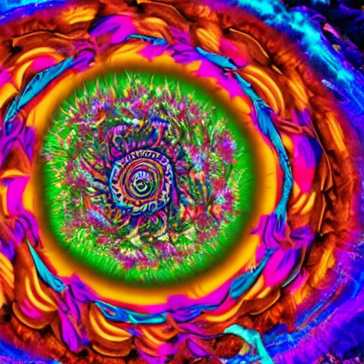 Image similar to god of psychedelics dancing in a vortex made of flowers