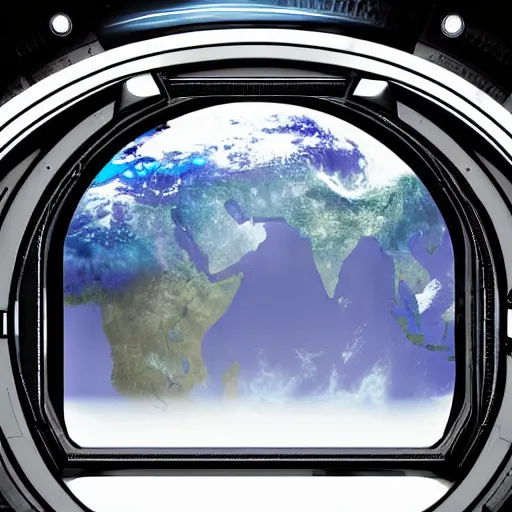 Prompt: planet earth through a window in a space station, digital art, unsaturated, matte, in the style of interstellar