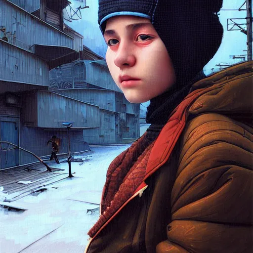 Image similar to A portrait of a cyberpunk gopnik teenager on the street of a Soviet slum on the moon, Norilsk, sci-fi, fantasy, intricate, very very beautiful, elegant, highly detailed, digital painting, artstation, concept art, smooth, sharp focus, illustration, art by artgerm and greg rutkowski and alphonse mucha