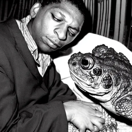 Prompt: john coltrane snuggling a big toad