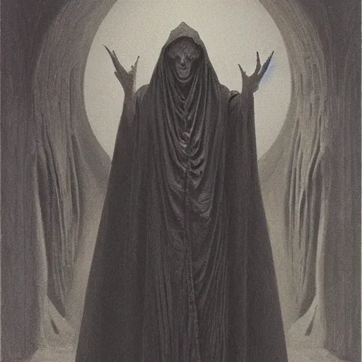 Prompt: Ancient Wizard, Wearing dark robes , by Zdzisław Beksiński