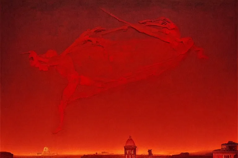 Image similar to only with red, caesar after war, the great deal, a red tiger, in hoc signo vinces, rome in background, an ancient path, in the style of beksinski, part by hopper, part by rodcenko, part by hofbauer, intricate composition, red by caravaggio, insanely quality, highly detailed, masterpiece, red light, artstation