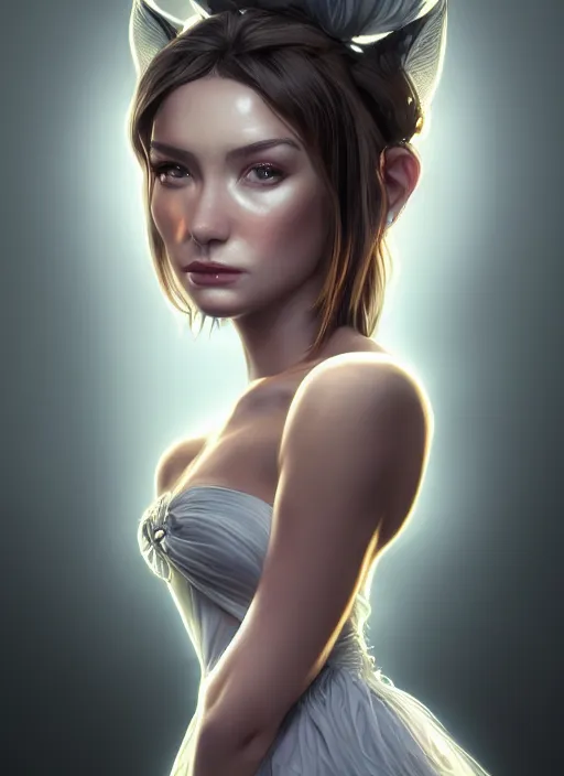 Image similar to beautiful fashion goddness, strapless dress, character portrait in the style of thomas river and artgerm, wlop, cinematic lighting, hyperdetailed, 8 k realistic, symmetrical, global illumination, radiant light, halo, love and mercy, frostbite 3 engine, cryengine, dof, trending on artstation, digital art, chanel