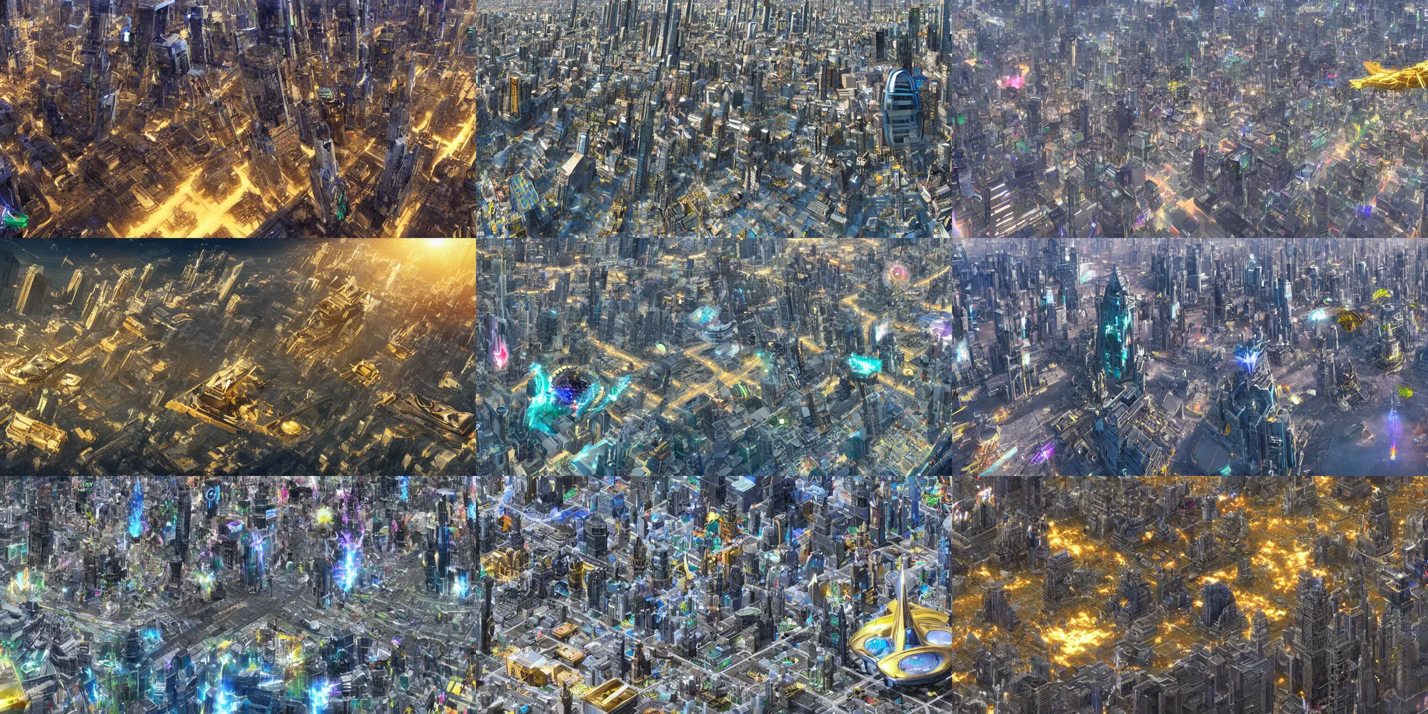 Prompt: super wide view of a cityscape, flying spaceships and mech dragons and police drones, so many citizens, golden pyramids, super big throne in the center with portal to the another dimensions, fractal buildings, glass rain, global illumination, ambient occlusion, by eric pfeiffer and casper konefal and sung choi