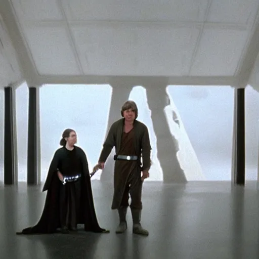 Image similar to Luke Skywalker teaches Leia in outfit at Jedi Temple scene from the last jedi, 2022, film by Stanley Kubrick, serene, iconic scene, stunning cinematography, hyper detailed, sharp, anamorphic lenses, kodak color film