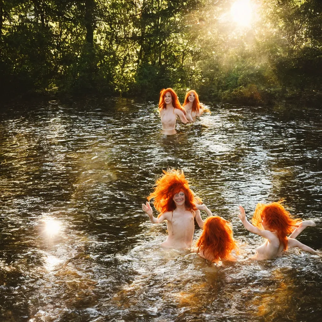 Image similar to lovely 7 0's 1 6 mm photograph of two long haired redhead women having fun swimming in a creek, golden hour, soft light, sun reflecting off of the water, 4 k