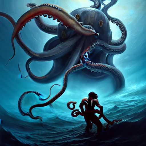 Image similar to a dream fantasy painting of a a man fighting a giant octopus in the deep of the ocean, by beksinki, giger, greg rutkowski, carne griffith trending on artstation, deviantart, photorealism