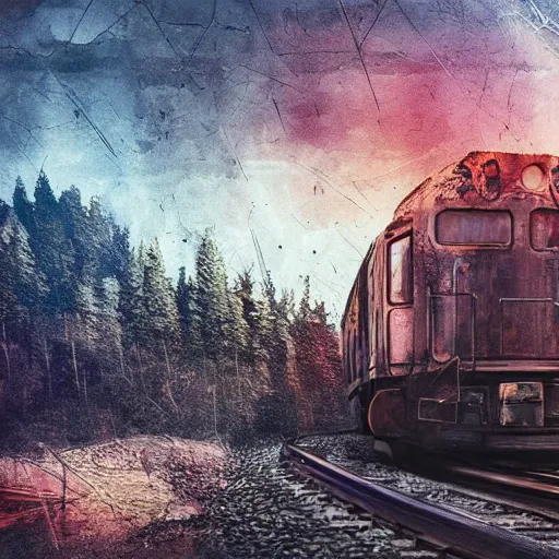 Image similar to subway arriving train decay, building stone big bear shape, expressive painting, colorful, detached dreams, Ultra-Wide Angle, Long double Exposure, black night sky wolves with burned trees, photography, highly detailed, super realistic, cinematic colors