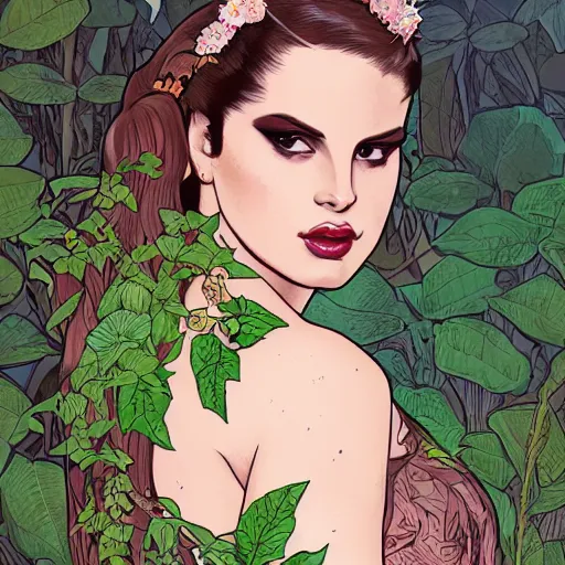 Prompt: a stunning vector portrait of a thicc and voluptuous lana del rey of vengerberg dressed as a beautiful poison ivy with hair tied in a braid walking through a flowering garden, greenhouse in the background, intricate, elegant, highly detailed, digital painting, artstation, concept art, ultra sharp focus, illustration, art by greg rutkowski and alphonse mucha